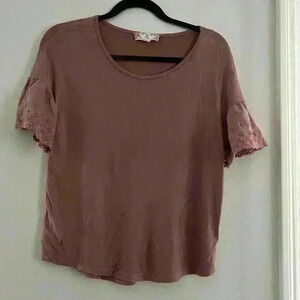 Womens Pink Rose Shortsleeve Eyelet Mauve Stretchy Dressy Casual Blouse